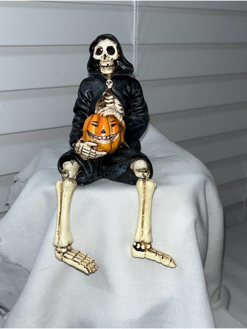Skeleton Figurine Holding Pumpkin - Black & Orange Halloween Decor